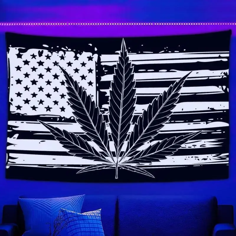 Synthetic Psychedelic Marijuana Leaf Black-and-White American Flag Tapestry Wall Hanging, Size-Optional Home Decor, Summer Vibes Room Accent