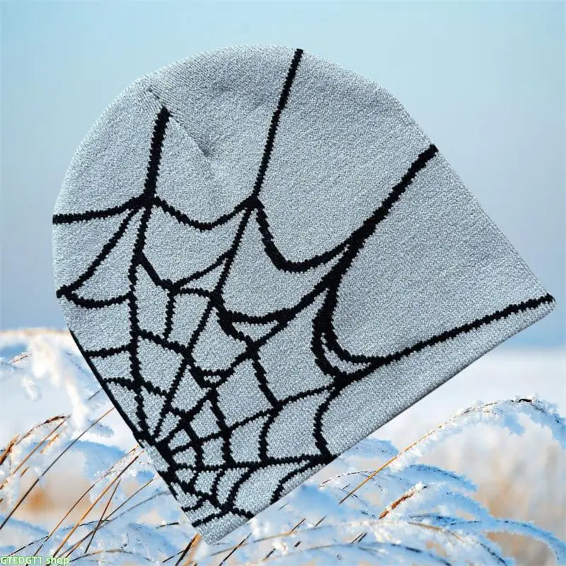 Knitted Skully Hat, Grunge Y2K Spider Web Jacquard Beanie, Dual Tone Elastic Thermal Winter Cap, Multi Color Unisex Alt Fashion Headwear For Street Fits, Ski Trips, Festival Meetups And Cold Weather Daily Outfits