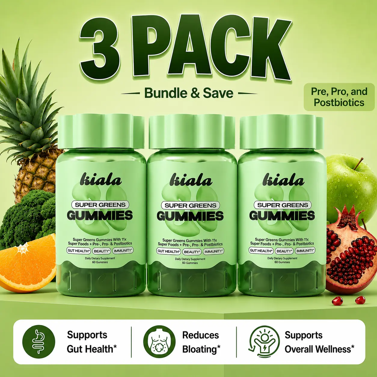 Super Greens Gummies 3-pack Organic Gut Support Dietary Supplement with Immune Boost, Natural Digestion Support & Bloating Relief