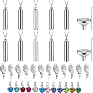 10 Pieces Urn Necklace for Ashes, 10 Pieces Urn Necklace, Stainless Steel Cremation Jewelry for Women Men, Cylinder Memorial Necklaces Keepsake Pendant with Funnel(Silver)