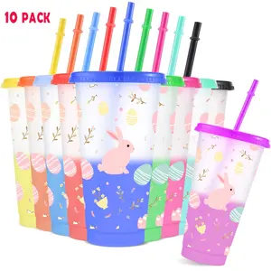 10pcs/24oz/710ml/Plastic Tumblers,Color Changing Cups With Lids And Straws,Water Bottle,Iced Coffee Cups, Easter Bunny Design Perfect For Family And Friend Gatherings,Ideal choice for birthday celebration,Valentine's Day Gifts,Easter gifts