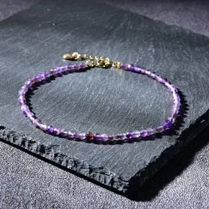 Natural Faceted Amethyst Tiny Beads Crystal Healing Charka Dainty Gold-Plated Chain February Birthstone Minimalist Bracelet Gift for Women