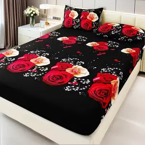3-Piece Heart Print Bedding Set, Soft Comfortable Classic Design, Includes 1 Fitted Sheet + 2 Pillowcases, Ideal for Bedroom & Guest Room
