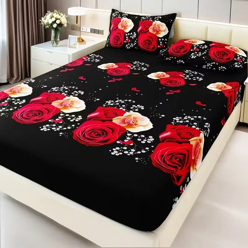 3-Piece Heart Print Bedding Set, Soft Comfortable Classic Design, Includes 1 Fitted Sheet + 2 Pillowcases, Ideal for Bedroom & Guest Room, Printed Bedding Set