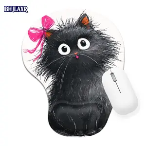 Fluffy Black Cat with Spiky Fur White Eyes Pink Bow Silicone Wrist Rest Mouse Pad 8.98*7.56inch Ergonomic for Office Home Gift Cute Cartoon Mousepad