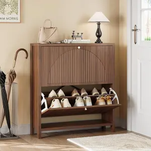 Modern Fluted Shoe Storage Cabinet for Entryway with 2 Flip Drawers, Narrow Wood Shoe Cabinet with Arch-carved Door & Adjustable Shelf, Freestanding Hidden Shoes Organizer Rack Cabinets, Walnut