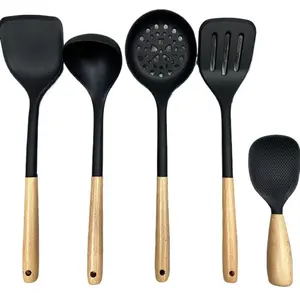 5pcs Silicone Kitchen Utensil Set, Heat Resistant Non-Stick Cooking Tools, Wooden Handle, Washable Modern Kitchen Accessories, Silicone Spatula Set