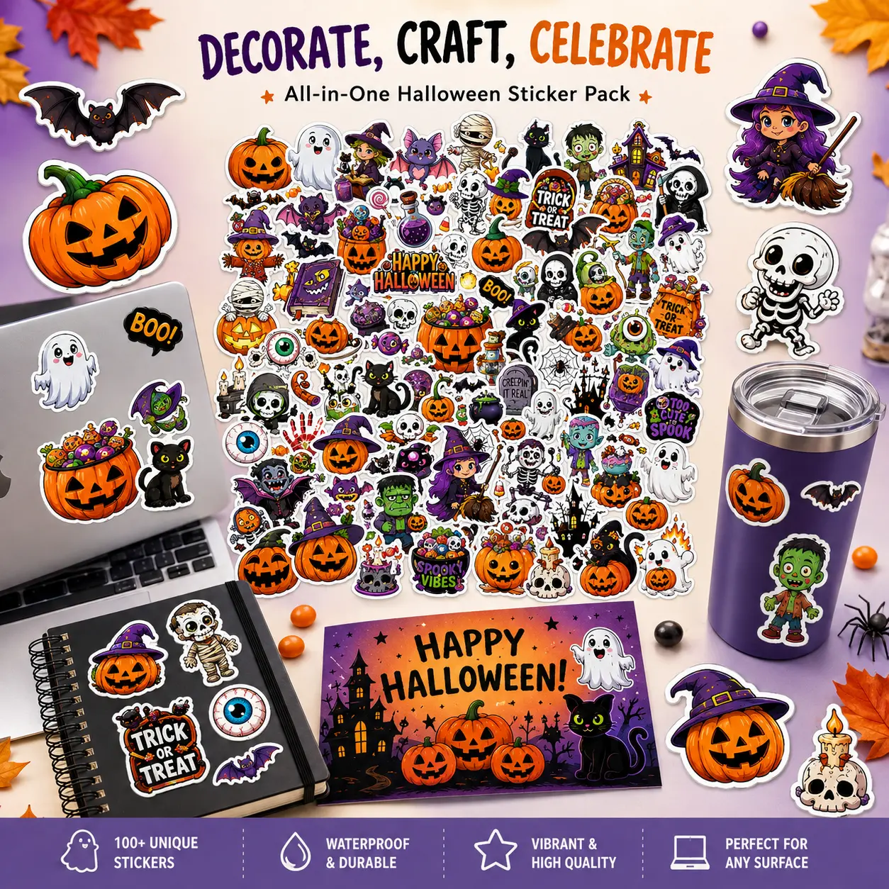 Halloween Stickers | 100 PCS Halloween Party Favors - Halloween Games Toys Gifts Party Supplies - Crafts Accessories Treats Bulk for Classroom