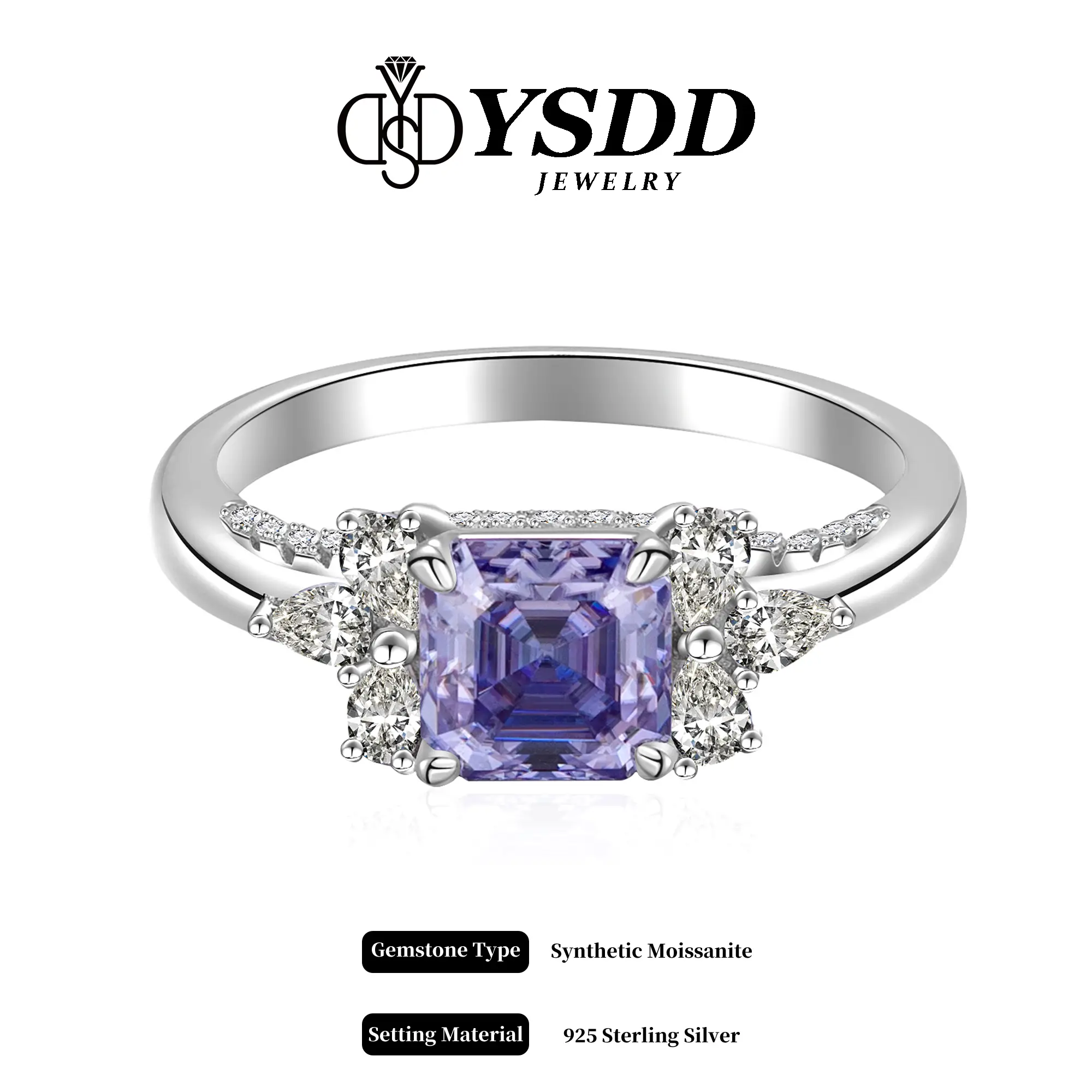 【#332 Larissa】Delicate 1CT Iris Purple Asscher Cut Synthetic Moissanite Rings in 925 Sterling Silver for Women Sterling Silver Wedding Ring