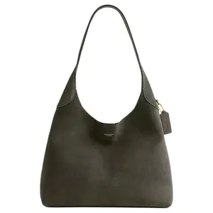 COACH Brooklyn 34 Suede Shoulder Bag with Gold Logo for Women in Olive Green