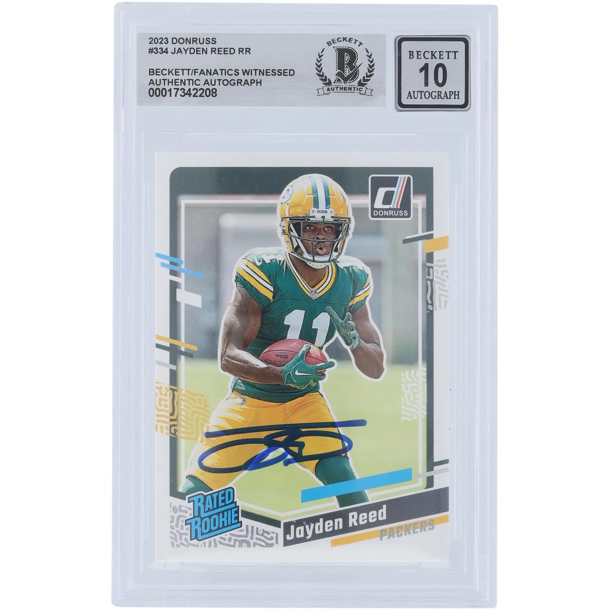 Jayden Reed Green Bay Packers Autographed 2023 Panini Donruss Rated Rookie #334 Beckett Fanatics Witnessed Authenticated 10 Rookie Card - Fanatics Authentic Certified