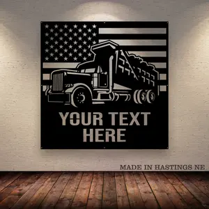 Dump Truck American Flag - Your Text Here - Metal Monogram Wall Art Sign