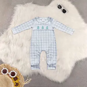 Plaid Christmas Tree Baby Boy Romper in Soft Blue Checkered Design with Adorable Tree Embroidery Children Clothes Cute Winter Toddlers Clean Little Boys Outfits Kids Baby Fashion Clothing toddler  holiday  out  fit christmas clothes girl outfit