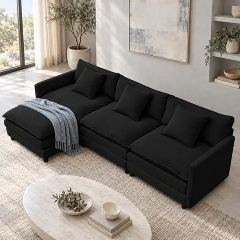 【BlackFriday】 Comfy Cloud Modular Sectional Chenille Sofa, L Shaped Deep Seat 3-Seater Modern Living Room Couch with Movable Ottoman & DIY Combination