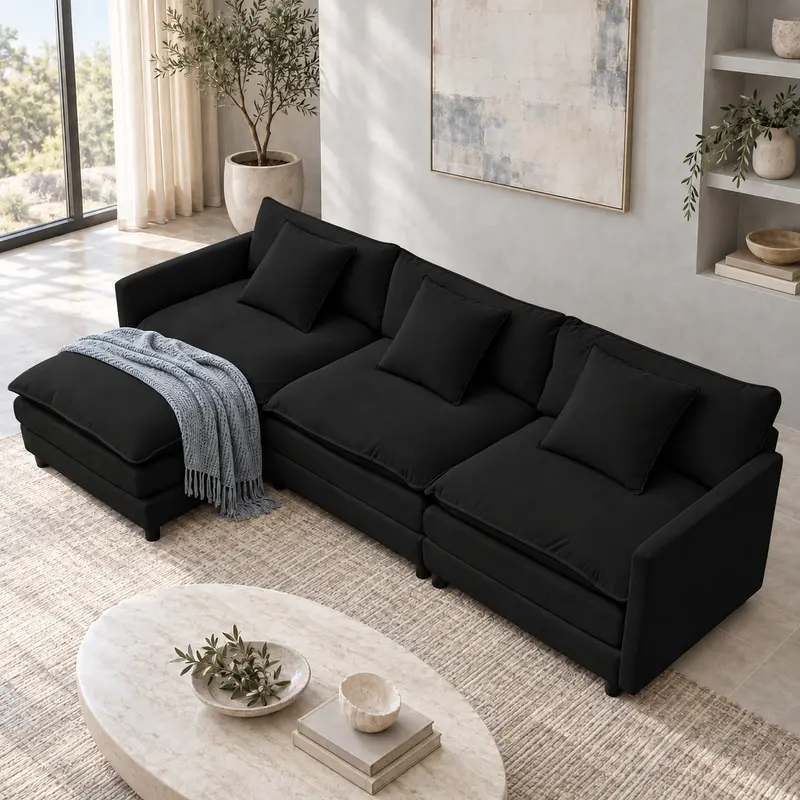 【BlackFriday】 Comfy Cloud Modular Sectional Chenille Sofa, L Shaped Deep Seat 3-Seater Modern Living Room Couch with Movable Ottoman & DIY Combination