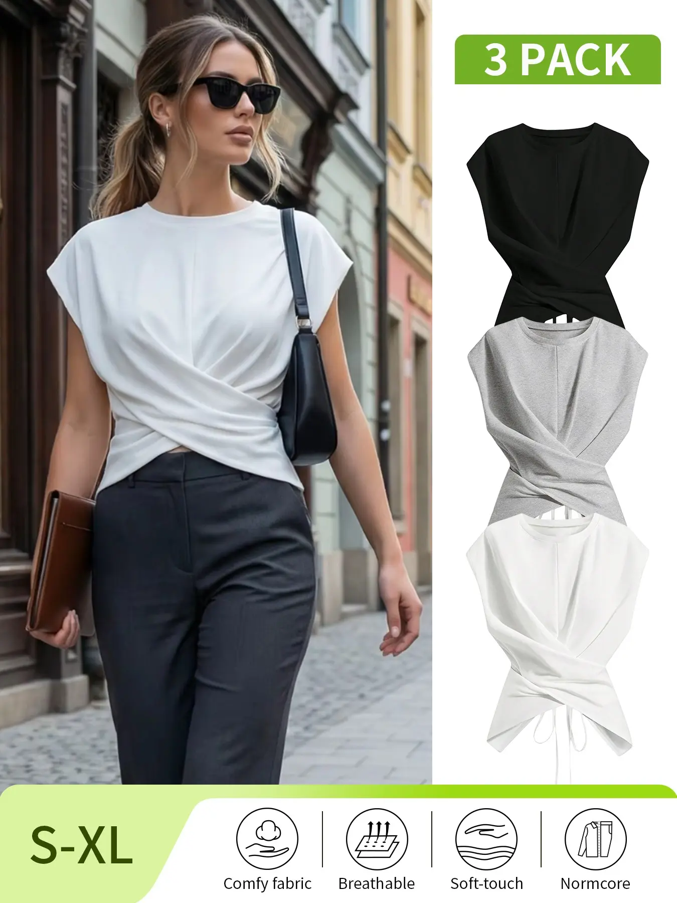 Women's Knitted Round Neck Drop Shoulder Sleeve T-Shirt, Casual Elegant Knitwear, Knitwear, Fashion Casual Basic Asymmetrical Ruched Cross Cutout Back Tie Top,Spring&Summer break outfit idea,tiktokmademebuyit, Tshirt, Womenswear, Minimalist