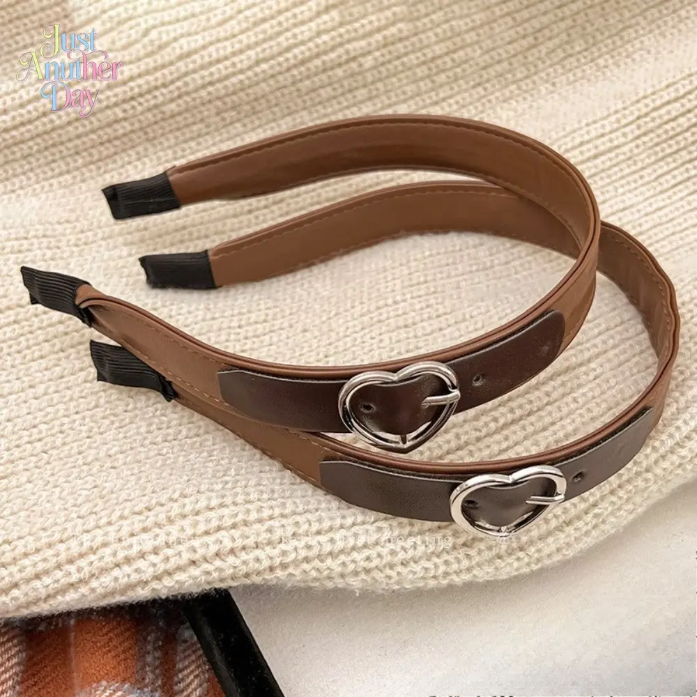 2026 New Coffee Brown Leather Headbands for Women, Heart Buckle Belt Design Hair Hoops, High-Crown Stylish Hair Accessories