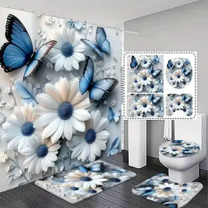 1/4pcs stylish and luxurious blue butterfly and floral pattern shower curtain set, includes a non-slip mat, U-shaped rug, and toilet seat cover. Perfect for bathroom décor, partitioning, and beautifying the space. Comes with 12 shower curtain hooks.