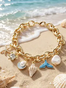 Vacation Style Summer Beach Natural Elements Ocean Series Starfish Seashell Fish Tail Pendant Bracelet, Fashionable Versatile Hand Chain, Trendy Jewelry Accessory