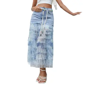 Women's Summer High Waist Tiered Denim Midi Skirt, Floral Print Mesh Tulle Patchwork Cake Skirt, Boho A-Line Ruffled Raw Hem Casual Streetwear with Belt, 2026 Bohemian Vacation Bottoms