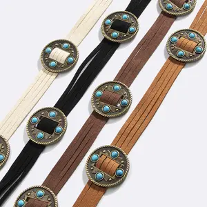 Women's Pu Leather Western Vintage Belt - Inlaid Beads, Round Bohemian Turquoise Waist Rope Fashion Accessory