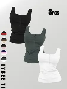3PCS Women's Casual Fashion Sporty Multi-Button Round Neck Solid Color Vest Top Mix and Match Three-Piece Set
