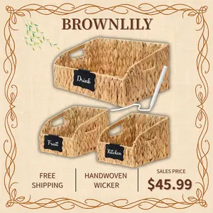 STYLAVE Pantry Organizers and Storage Baskets for Organizing with Handles, Large Wicker Storage Baskets for Shelves, Laundry-Water Hyacinth Storage Bins, Boho Decorative, 3Pack,Natural