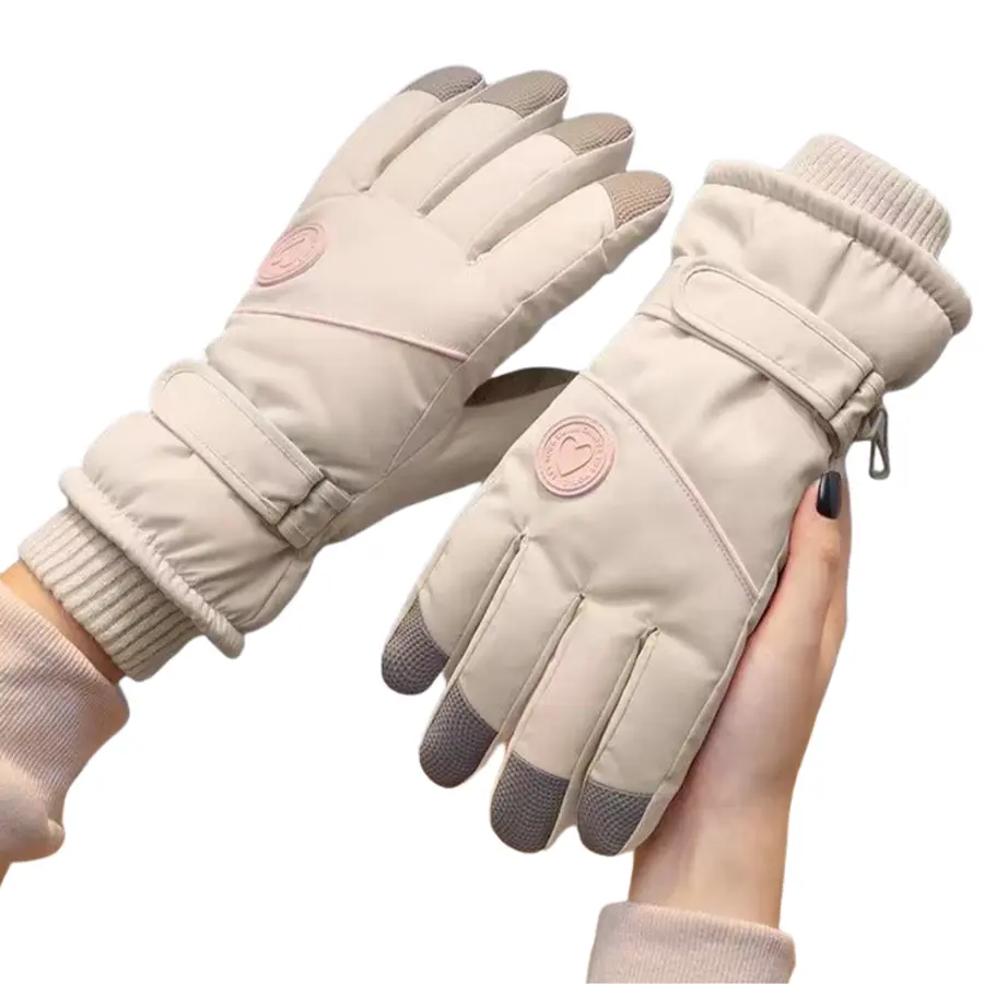 Cute Heart Badge Winter Touch Screen Gloves, Waterproof Thick Fleece Lined Thermal Snow Gloves for Women