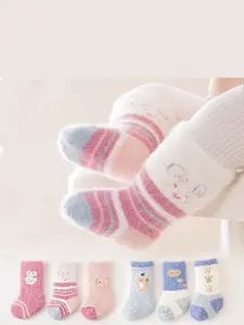 3 Pairs Thick Warm Waterfall Fur Socks for Kids, Anti-Slip Rubber Points, Learning Walk Socks, Winter Footwear, Soft Comfy Socks