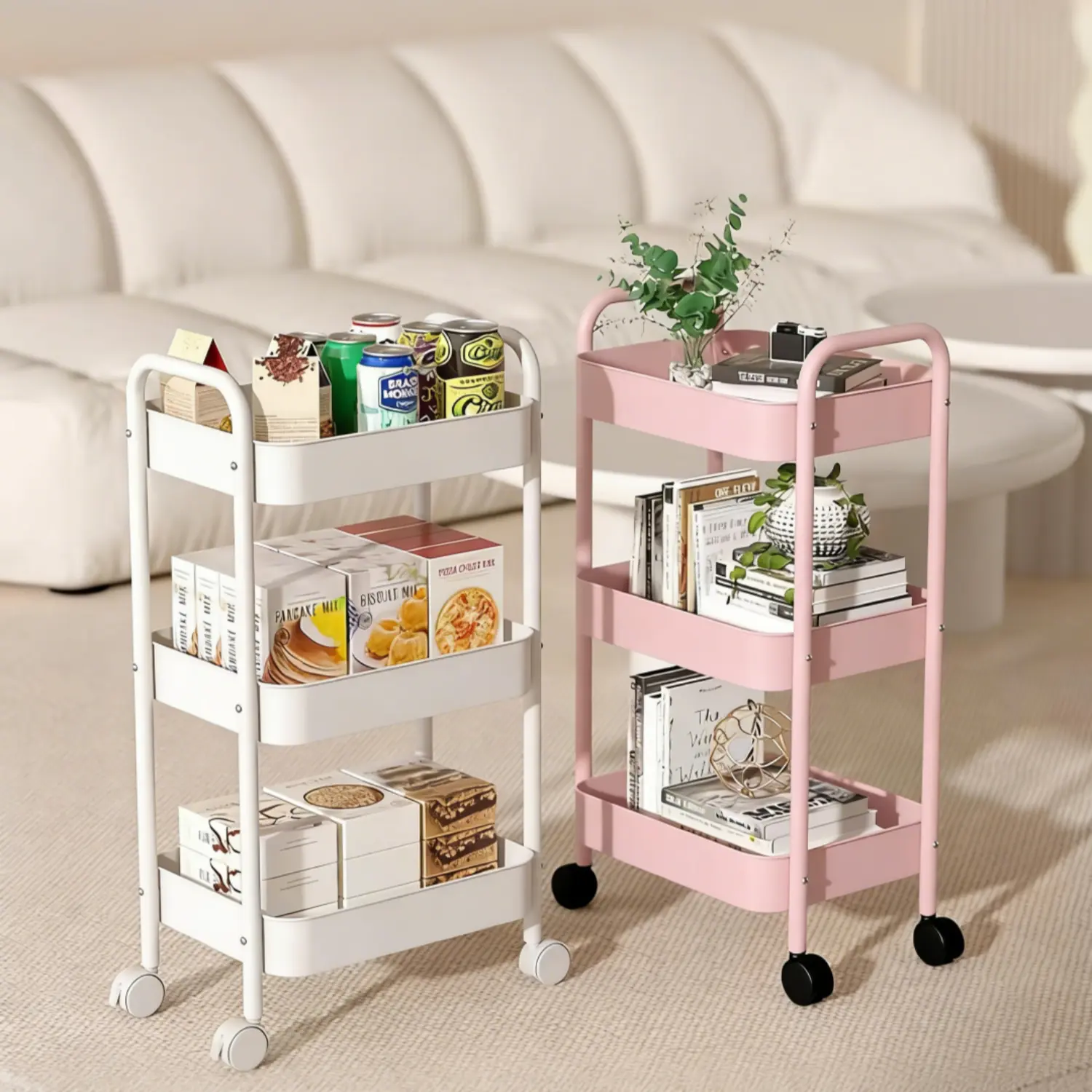3-Layer Heavy-Duty Load Powder-Coat Steel Rolling Cart with Wheels - Multifunctional Space-Saving Mobile Home Organizer Rack for Dorm/Makeup Vanity Essentials