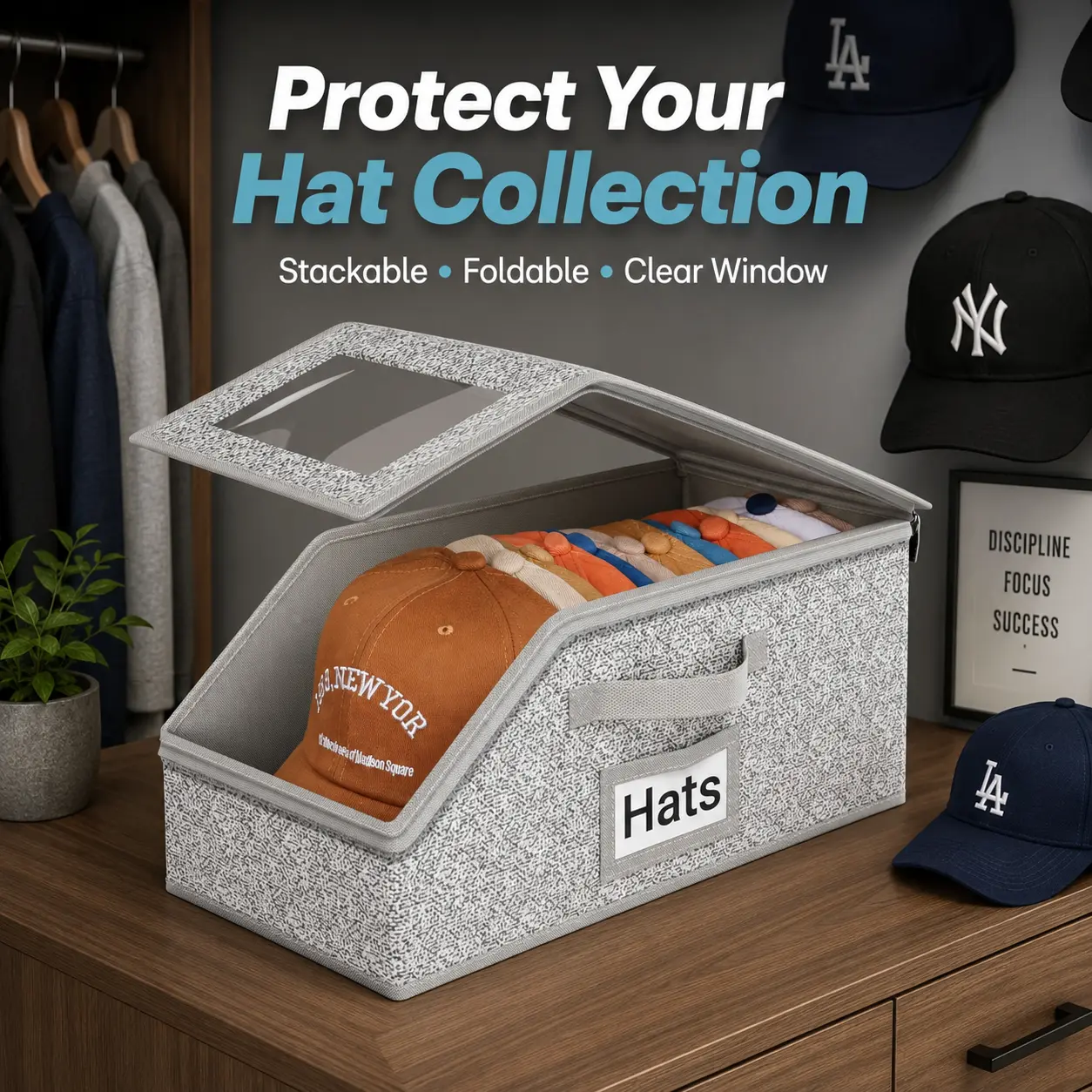 Hat Storage Box for Baseball Cap Collectors, Stackable Cap Organizer with Clear Window, Foldable Closet Storage Container for Men, Women, Hat Collection and Bedroom Organization