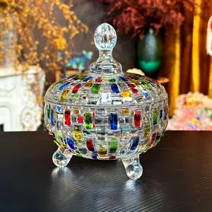 24 oz Large Glass Candy Dish with Lid, Colorful Crystal Jar for Candy, Snacks, Cookies, Jewelry, Easter, Spring, Wedding Buffet, Home Decor, Biscuit Container