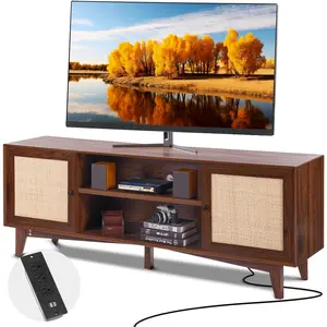 【fathersdaygift】VEVOR Rattan TV Stand for 75in TV Boho TV Stand with Rattan DoorEntertainment Center with Build-in SocketStorage Cabinet with 2 ShelvesModern TV Console for Living RoomMedia RoomWalnut