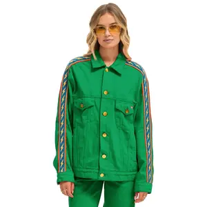 BOLT STRIPE OVERSIZED CONCERT DENIM JACKET - KELLY GREEN
