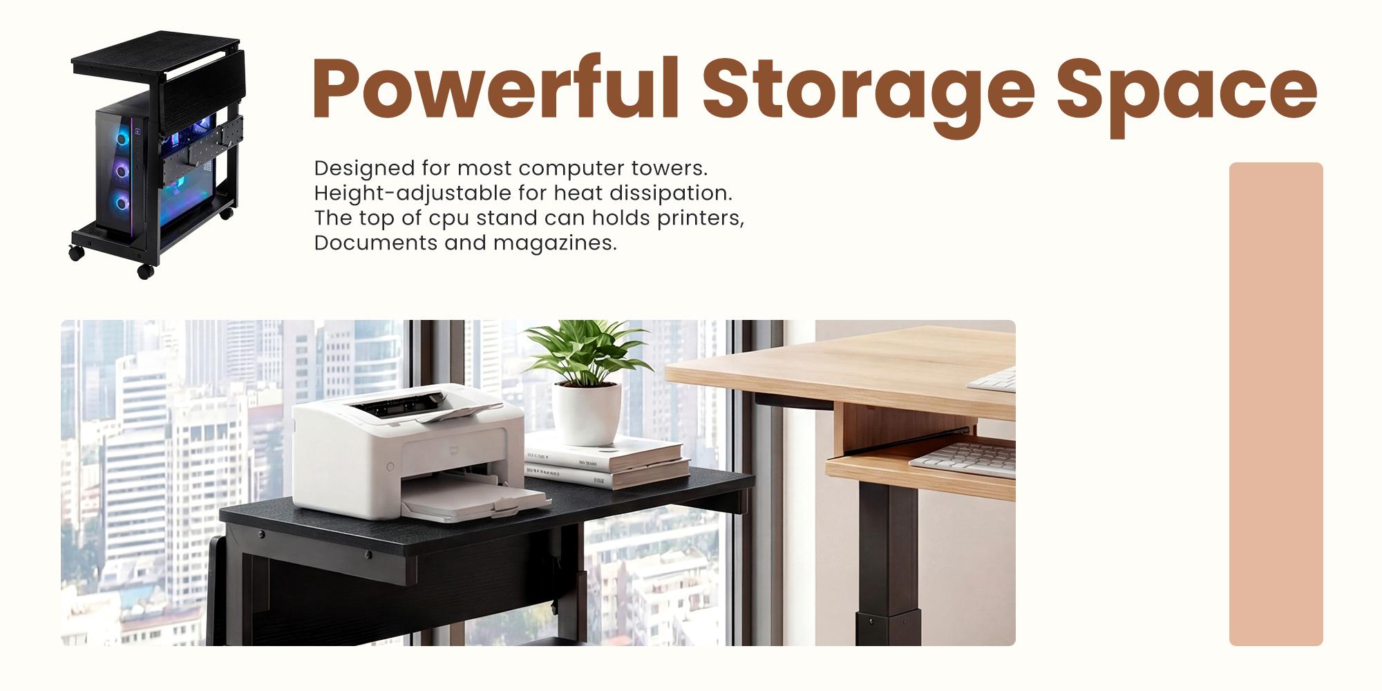 Sweetcrispy Height Adjustable PC Stand & Side Table | Rolling Computer Tower Cart with 2-Tier Storage & Pegboard