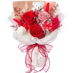 Forever Flower Bouquet  for Delivery  Preserved Roses with Bear  Box for Wife Women Mother Day Anniversary Birthday (Red)