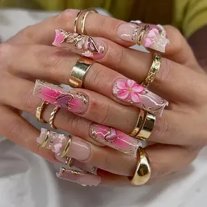 Pink Floral Press On Nails, Gold Chrome Butterfly Nails, 3D Flower Heart Nails, Glossy Nude Pink Nails, Feminine Elegant Nail Set