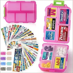 Travel Pill Organizer Box with 146 Labels, 10 Compartment Portable Medicine Case, Daily & Weekly Vitamin Holder for Purse & Pocket, Ideal for Summer Travel