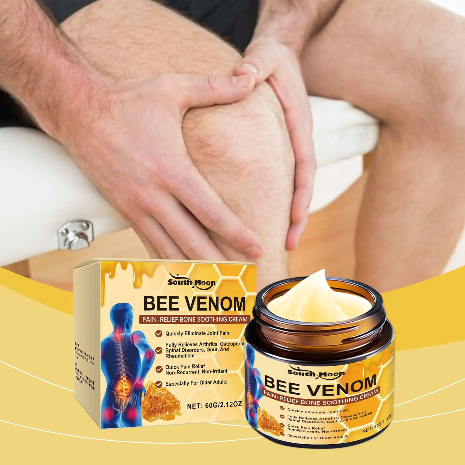 Bee Venom Pain Relief Cream, Fast-Acting Soothing Ointment for Arthritis, Back & Neck Joint Pain, Hip & Joint Care for Adults, Prop 65 Safe - 60g, Joints Pain Relief