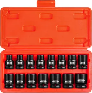 15- 1/2" Drive Shallow Impact Socket Set, Metric Size (8-22mm) 12-Point Socket Set, CR-MO Steel for Automotive & DIY