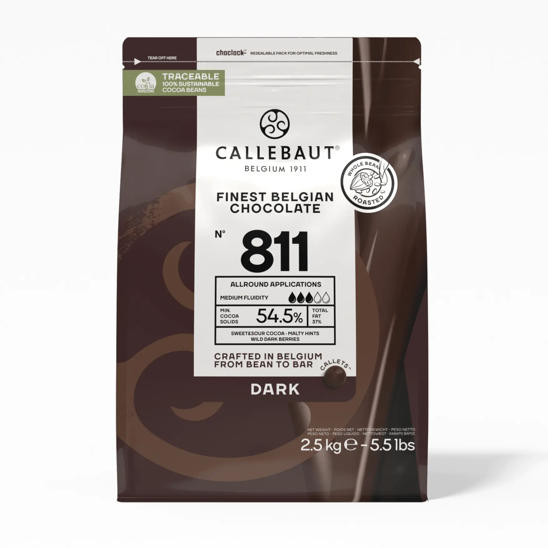 Callebaut No 811 Belgian Dark Chocolate Callets Couverture Snack - 54.5% Cocoa, 5.5 lb/2.5kg, Premium for Desserts