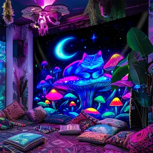 Neon Dream Cat & Mushroom Design UV Reactive Fluorescent Tapestry, Decoration, Glow-in-the-Dark Polyester Wall Decor for Bedroom, Party, Game Room, Multiple Sizes, Easy Clean, Soft & Durable, Perfect Gift for Pet & Psychedelic
