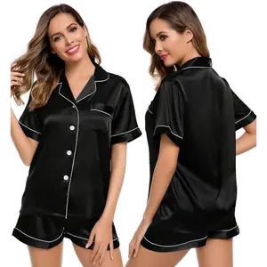 Womens Silk Satin Pajamas Short Sleeve Loungewear Two-Piece Sleepwear Button-Down PJS Set