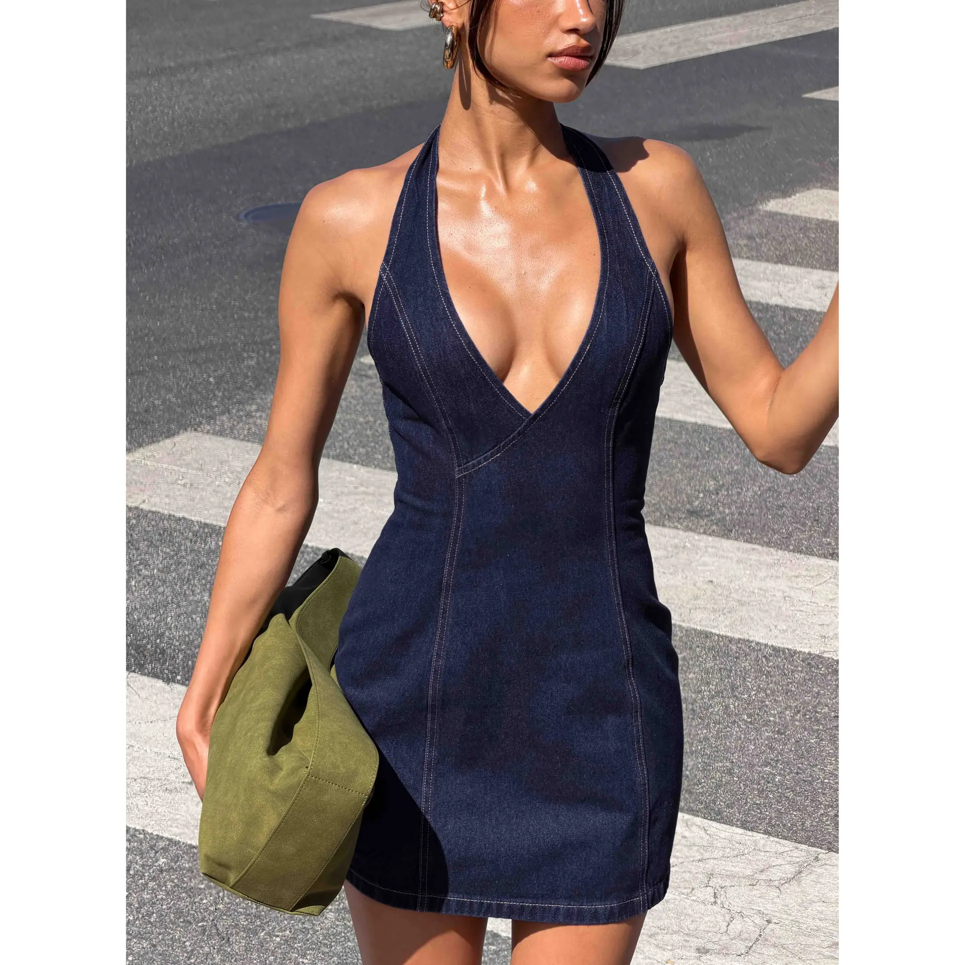 goodnight denim halter dress Good American Denim Halter Shift Dress