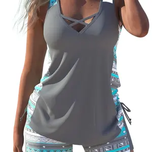 YOUNGDEER Plus Size Tankini Swimsuit for Women, 2 Piece Swimwear with Shorts, Modest Athletic Bathing Suit, Quick Dry Bikini Set