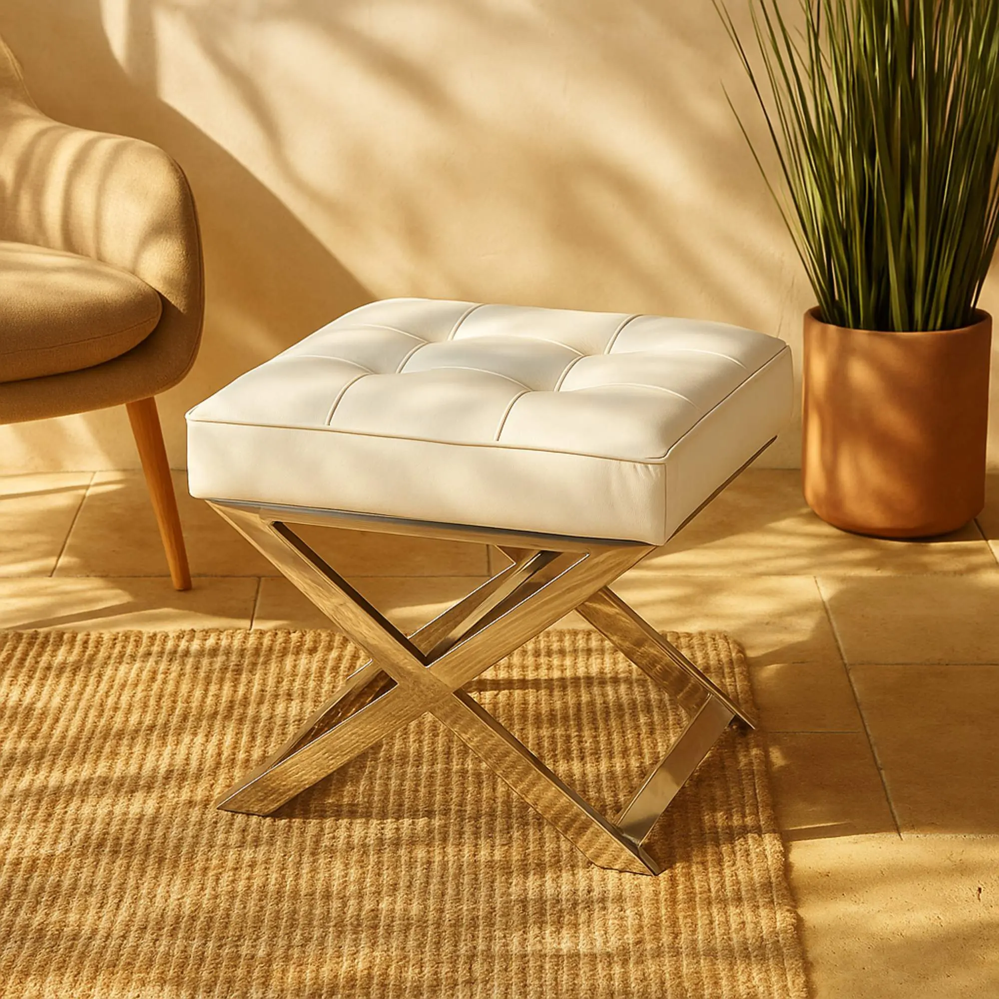 Minimalist Rectangular White Leather Ottoman Stool - Effortless Luxury Indoor Furniture for Living Room, Stainless Steel Supports, 21.85L x 18.85W x 18.55H Inches, 200 lbs Capacity, 22.385 lbs, Pre-Assembled 1-Piece Stool & Bench