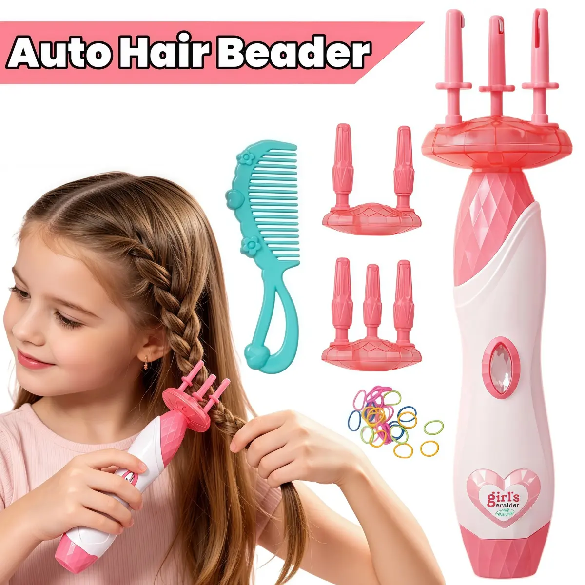 Automatic Hair Braider Toy for Girls, Electric Automatic Hair Braiding Machine Hair Beader for Kids, DIY Hairstyle Maker with 2 /3 Twist Braiding Heads with Comb & Hair Ties, Safe Material Styling Toy Gift for 5-12 Year Old Girls