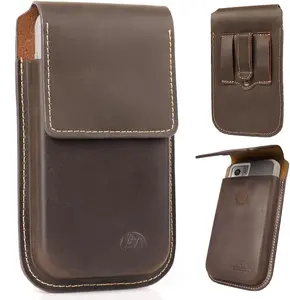 Leather Phone Holster with Belt Clip,Flip Cell Phone Pouch for  14/13 Pro Max,S23 Plus Belt Clip Phone Case,Universal Smartphone Sheath,XL,Darkbrown