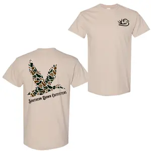 Southern Down Outfitters T-Shirt - Camo Duck Flying Graphic, Casual Wear For Hunting And Outdoor Enthusiasts, for Men and Women