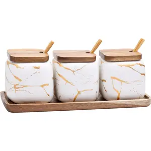 3 Pcs Ceramic Sugar Bowls Coffee Jar Set Seasoning Jar with Lid Spoon and Tray Food Storage Canister